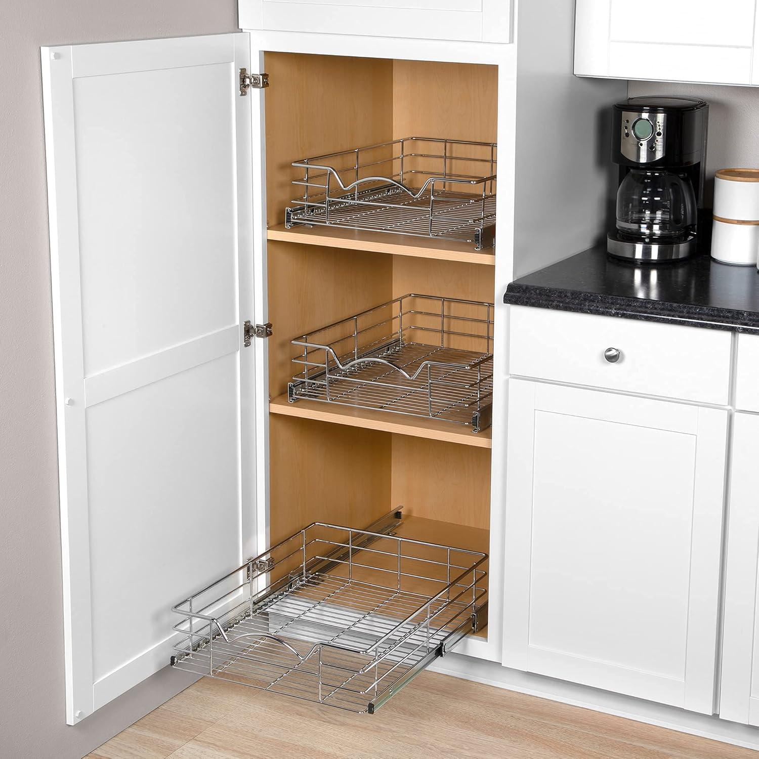 Heavy Duty Pantry Pull Out Cabinet Organizer Basket 5” High –5 Year Limited Warranty- Slide Out Drawer Shelf for Pots, Pans, Cans, jars, Canisters