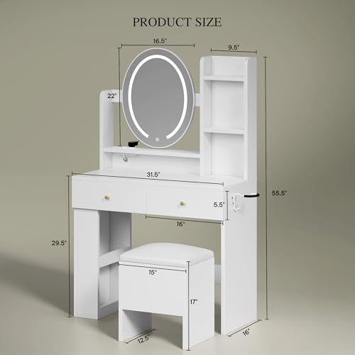 DWVO Vanity Desk with Mirror and Lights, Makeup Vanity Table Set with Power Outlets and Chair, 3 Lighting Colors