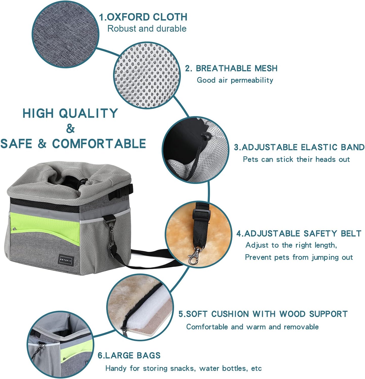 Petsfit Dog Bike Basket, Dog Booster Car Seat, Dog Car Seat for Small Dogs/Cats/Puppies with Safety Rope/Reflective Strips/Two side storage pockets