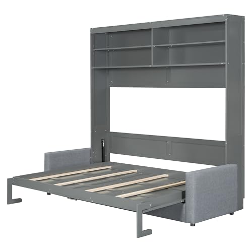 Harper & Bright Designs Queen Size Murphy Bed with Cushion and Storage Shelves, Wood Queen Platform Bed with Sofa, Wall Bed
