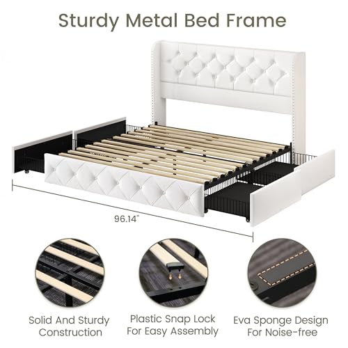 King Size Bed Frame with 4 Storage Drawers and Tufted Headboard Linen Upholstered Platform Bed Frame Wingback Beds with Wooden Slats Support