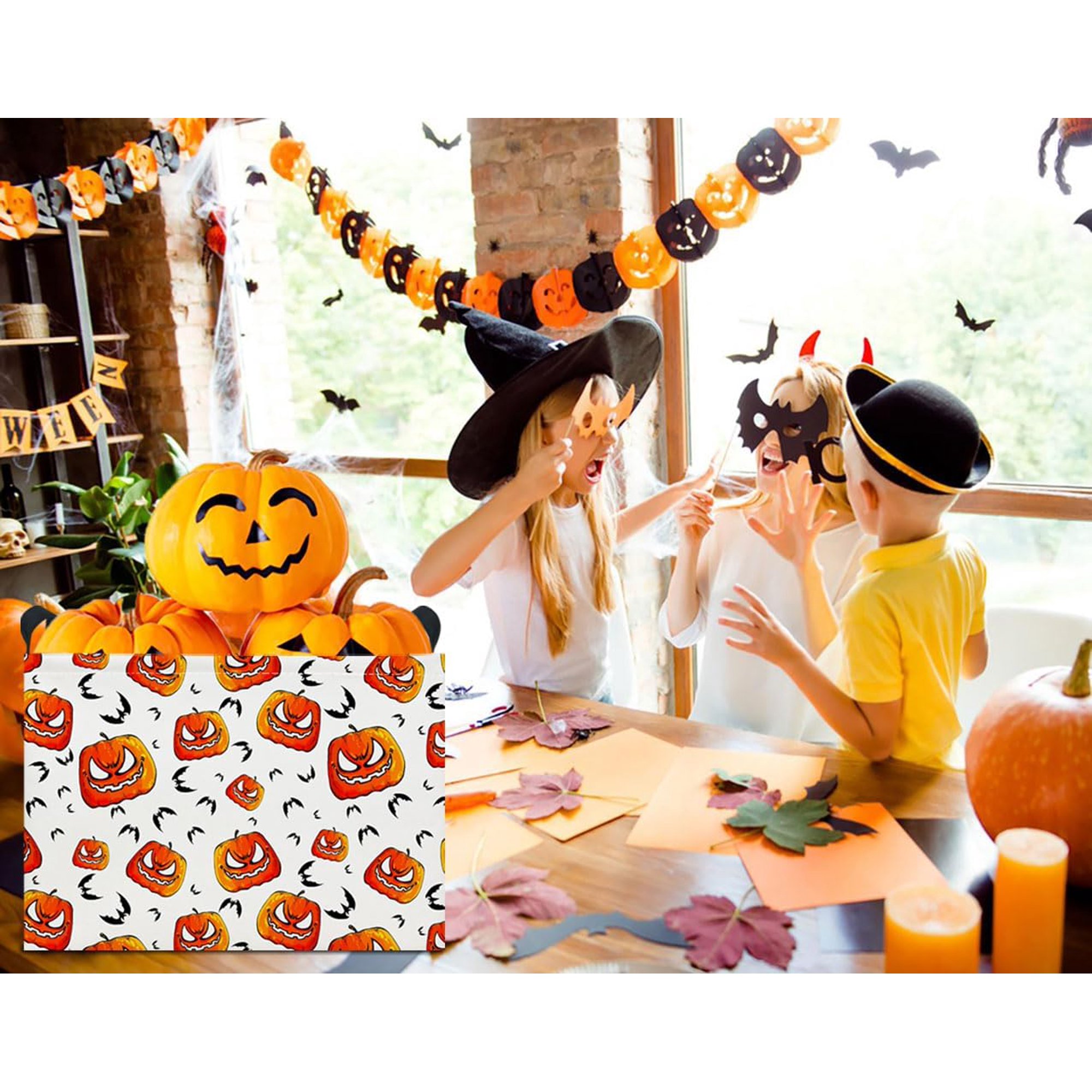 Rectangle Storage Basket with Handles,Collapsible Storage Bin,Books Box,Gift Basket(Pumpkin Halloween)