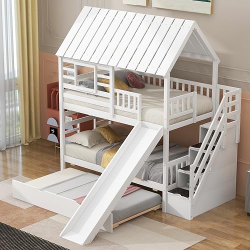 Kids Twin Over Twin Bunk Beds with Slide and Trundle, Solid Wood Bunk Bed Frame with Stairs and Storage