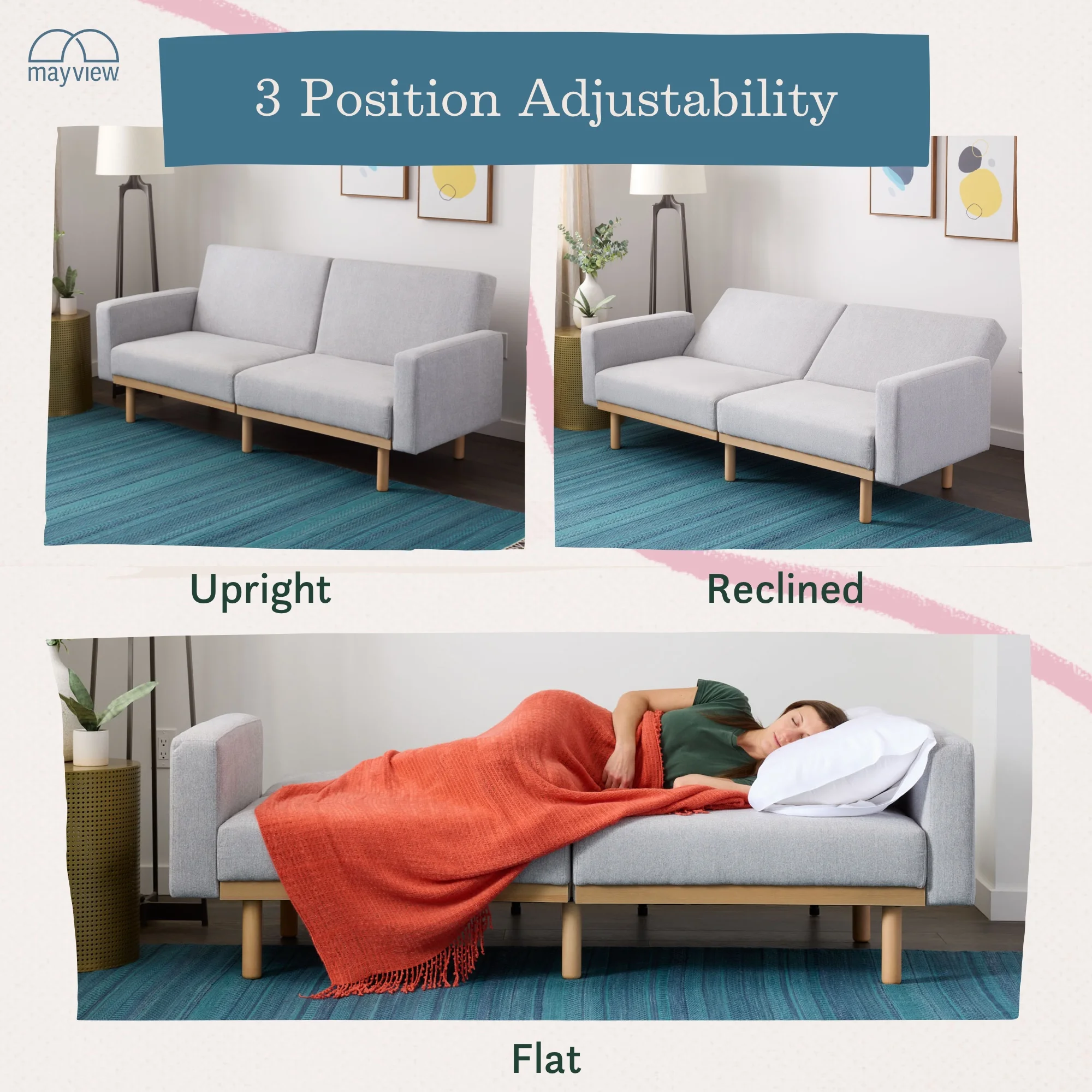 Mayview Upholstered Wood Base Futon, Light Gray