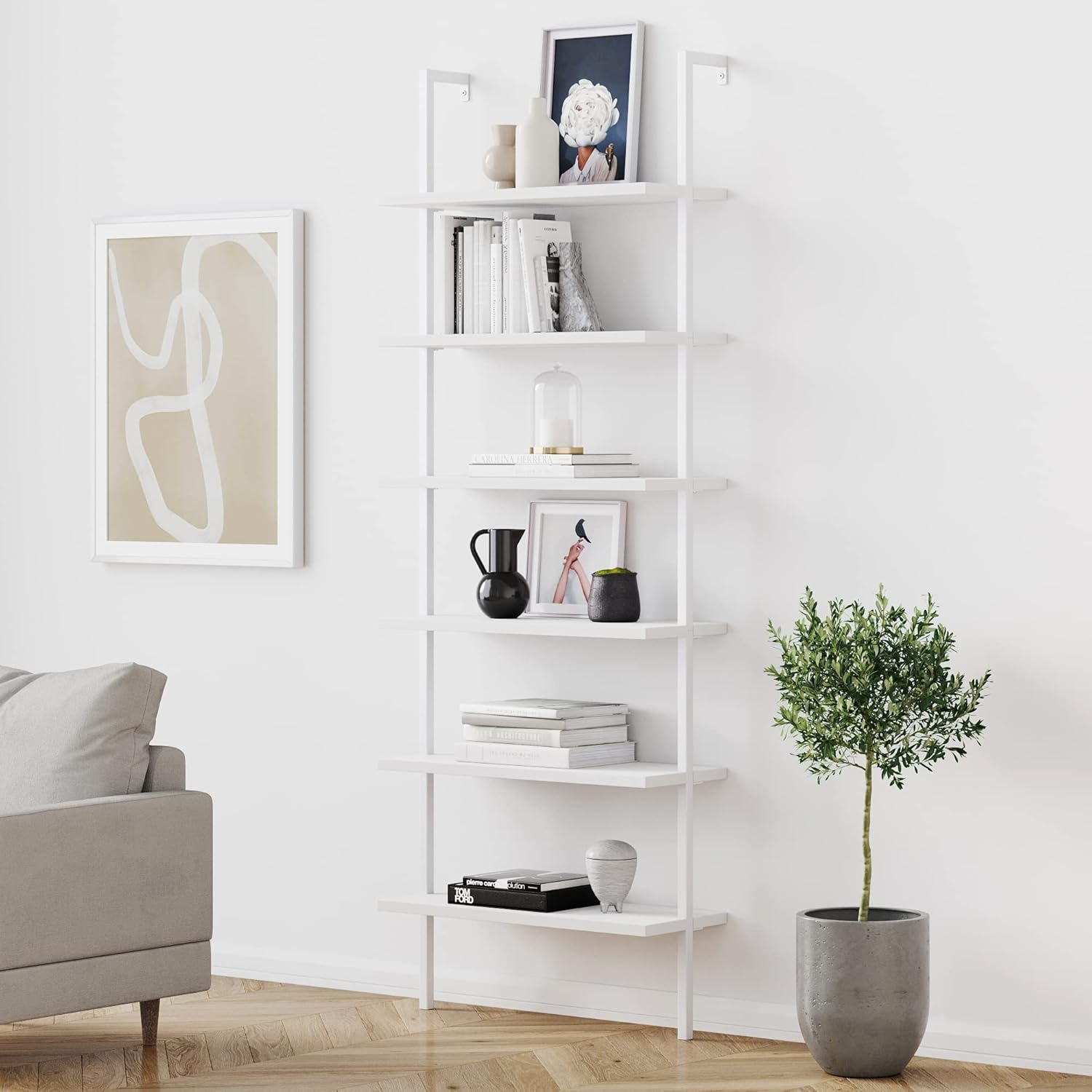 Nathan James Theo 5-Shelf Modern Bookcase, Open Wall Mount Ladder Bookshelf with Industrial Metal Frame, White/Gold