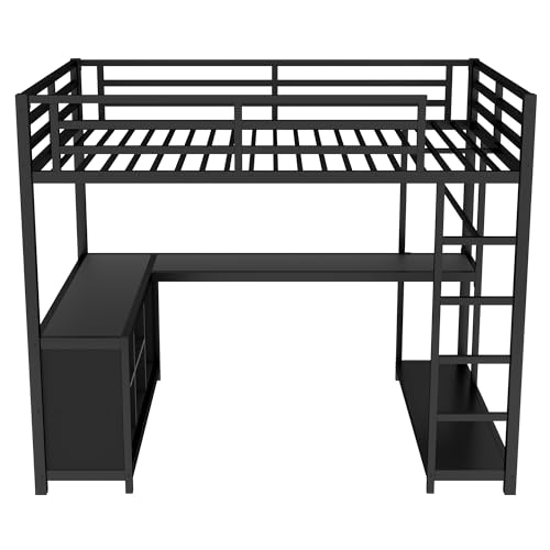 Bellemave Queen Size loft Bed with L Desk, Wardrobe, Metal Queen Loft Bed Frame for Adults, Kids, Teens, Black
