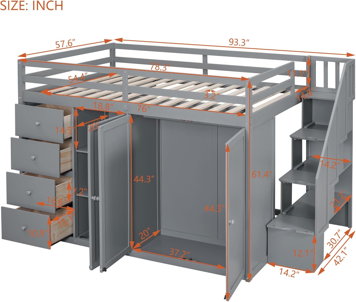 Full Size Loft Bed with Storage Space, Muti-Functional Wooden Loft Bed Frame with Built-in Wardrobes, Staircase