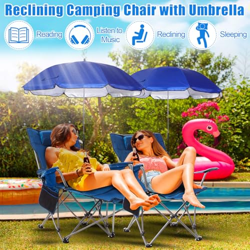 Karenhi 2 Set Beach Camping Chair with Umbrella for Adult Folding Reclining Camping Chair with Foot Rest Adjustable Clamp Canopy Shade for Outdoor
