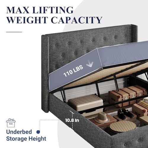 Allewie Full Size Lift Up Storage Bed, Modern Wingback Headboard, Hydraulic Support, No Box Spring Needed, Light Beige