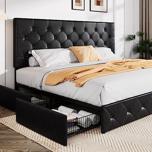 Allewie Upholstered Queen Size Platform Bed Frame with 4 Storage Drawers and Headboard, Square Stitched Button Tufted