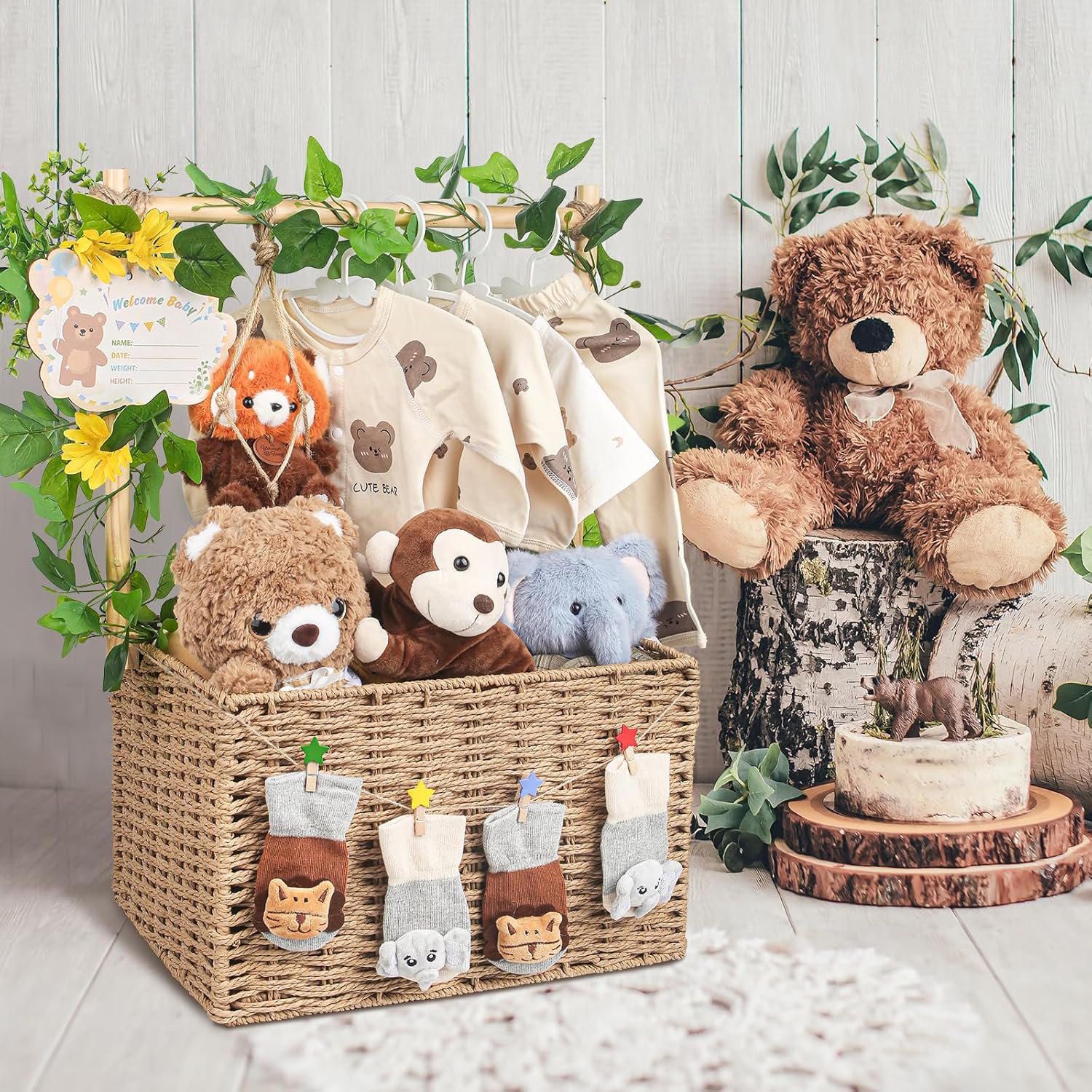 Wooden Woven Baby Shower Crate – Foldable Storage Basket with Handles, Handwoven Gift Box for Baby Shower &amp; Newborn Essentials