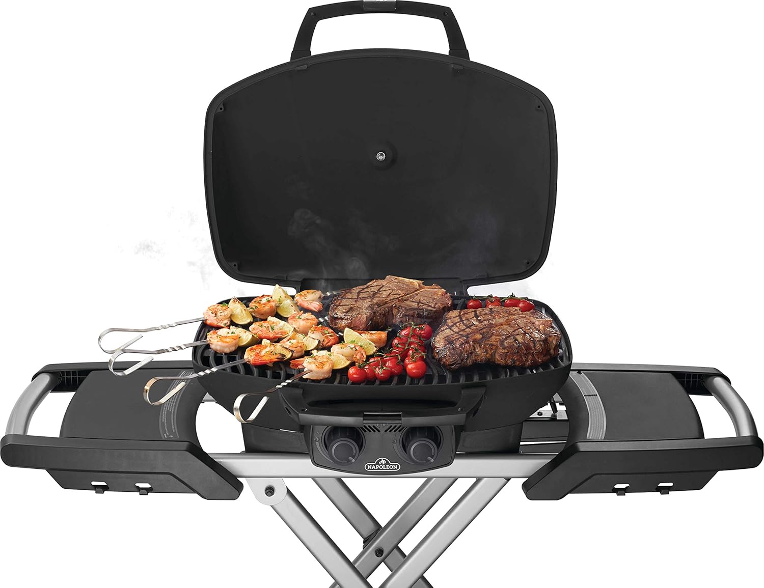 Napoleon TravelQ 285 Portable Gas BBQ Grill, Propane, Red Lid - TQ285X-RD-1-A – Includes Folding Cart, Two Burners, Cast Iron Cooking Grids