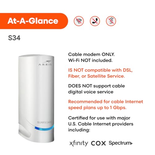 ARRIS (S34) - Cable Modem - Fast DOCSIS 3.1 Multi-Gigabit Cable Modem, for Comcast Xfinity, Cox, Spectrum & More, 2.5 Gbps Max Internet Speeds