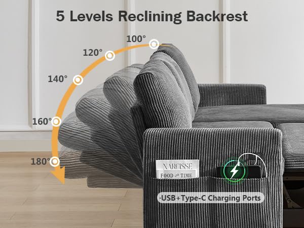 81" Sleeper Sofa Bed with Pull Out Bed, L Shaped Couch Sectional Sleeper Sofa, Pull Out Couch with Reclining Backrest, Reversible Storage Chaise