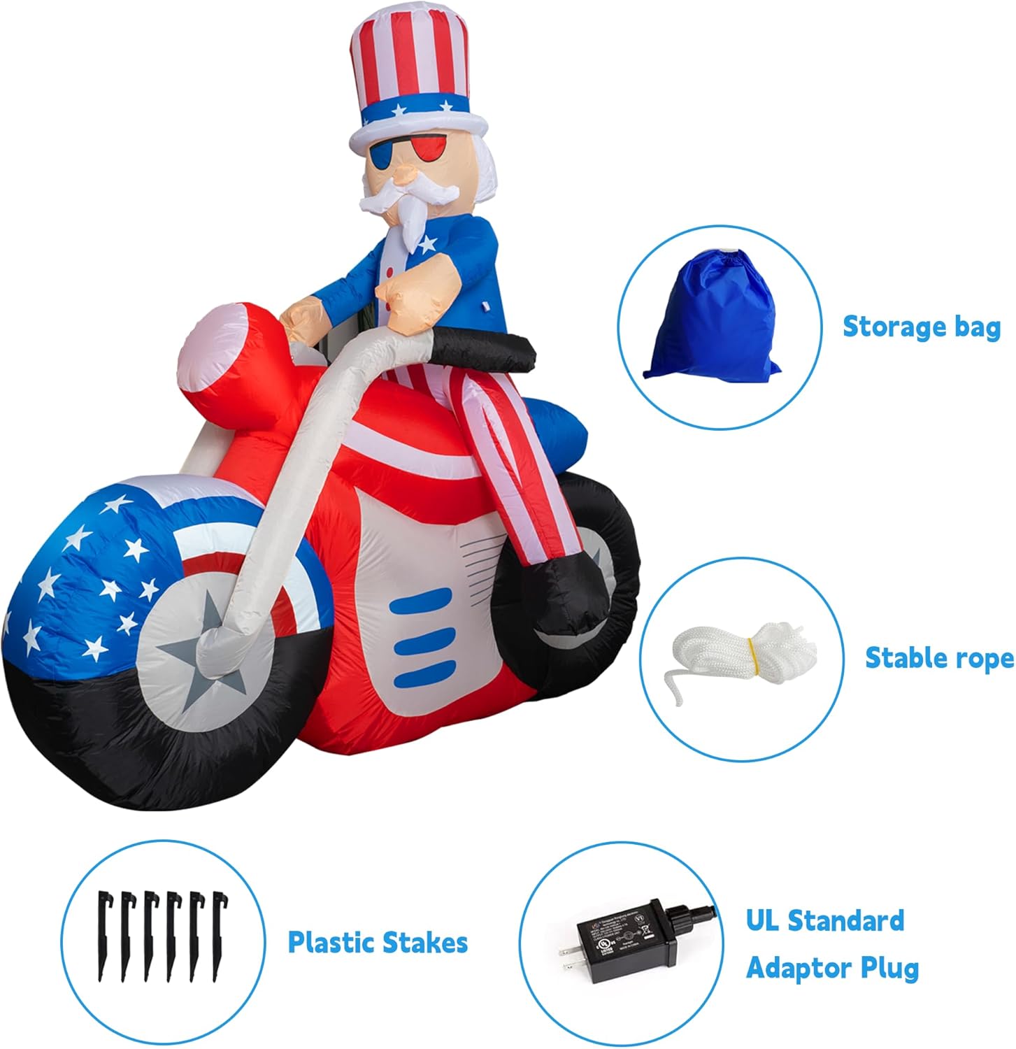 Dazzle Bright 4th of July Inflatable Decorations, 6FT Uncle Sam on Motorcycle Pre-Lit LED Independence Day Decor