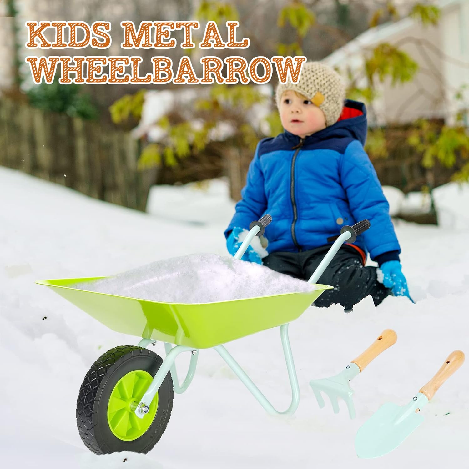 STBoo Kids Wheelbarrow Gardening Tools Set, Metal Child Wheel Barrel with Hand Rake, Shovel, Mini Garden Carts Outdoor Play Yard Work