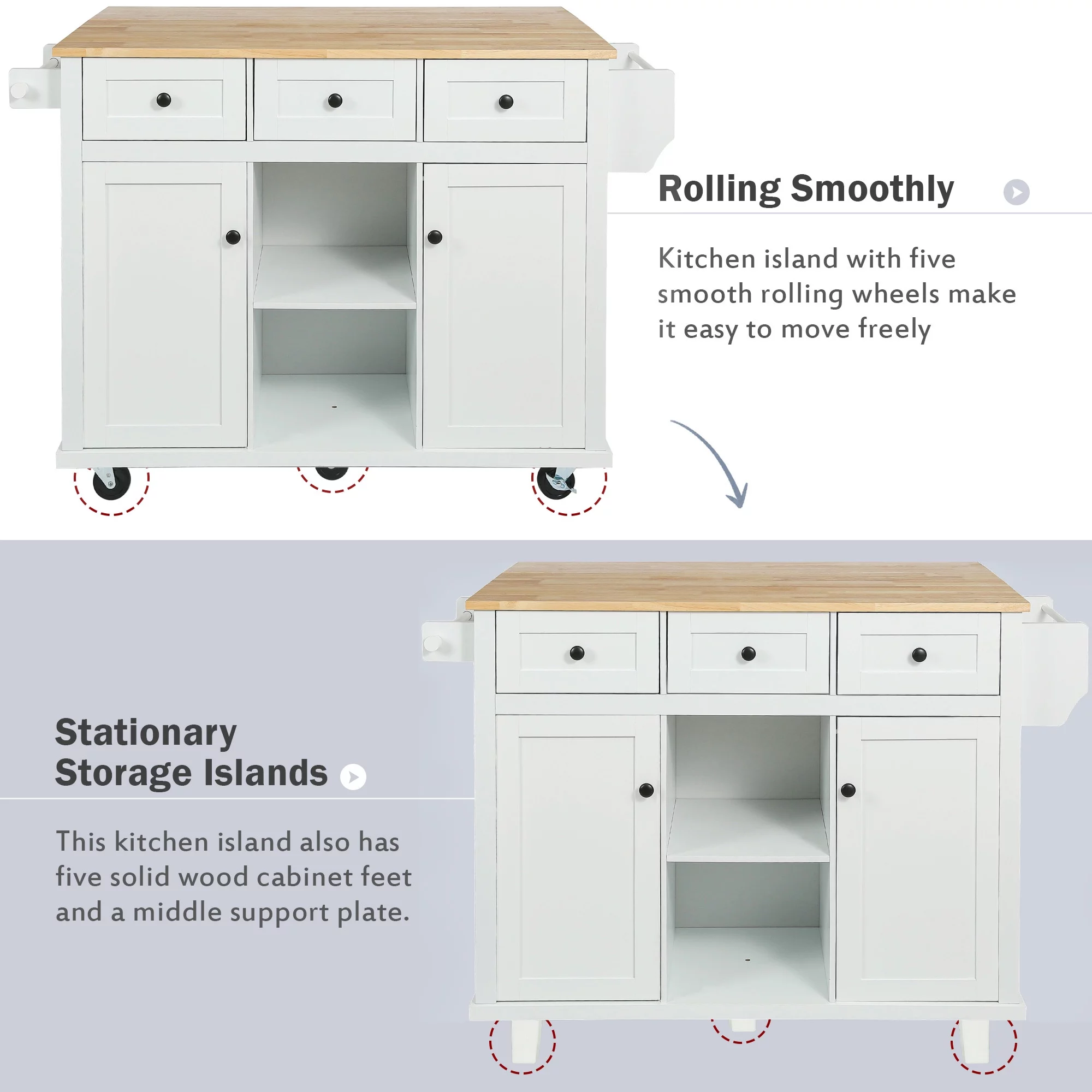 EUROCO 53.1" Kitchen Islands with Storage, Kitchen Island Cart with Rubber Wood Drop Leaf,Cabinet door internal storage racks,5 Wheels,3 Drawers,White