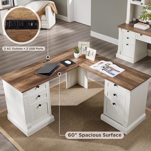 OKD 60" Executive Desk with Drawers, Farmhouse Home Office Desk with Charging Station, Keyboard Tray, File Cabinet Storage