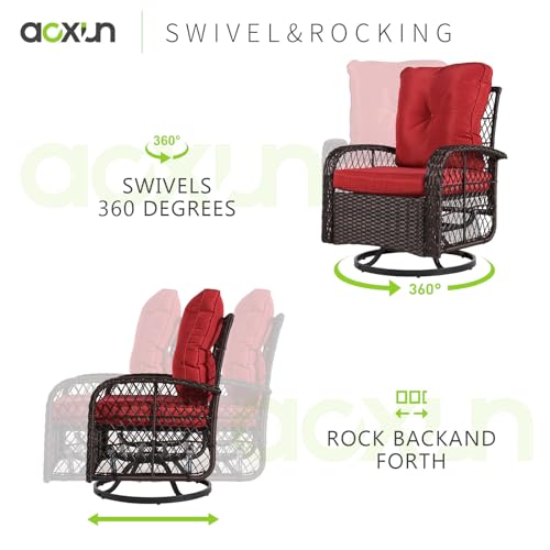 Aoxun 3 Pieces Patio Furniture Set, Patio Swivel Rocker Chairs Set of 2, Wicker Outdoor Bistro Set with Rocking Chair