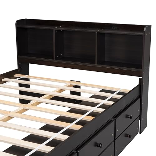 SOFTSEA Full Size Platform Bed with Storage, Platform Bed with Drawers and Bed End Case, Wood Platform Bed Frame with Storage Bookcase Headboard