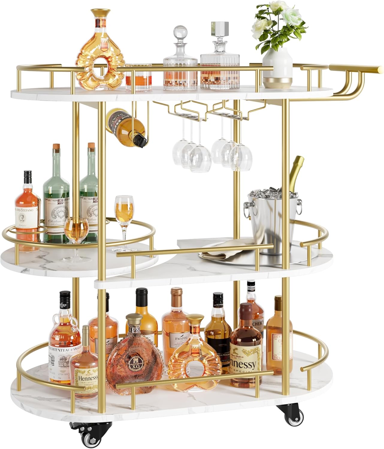 GAOMON Gold Bar Cart, 3 Tier Bar Cart with Wheels, Gold Rotating Bar Cart with Wheels and Handle