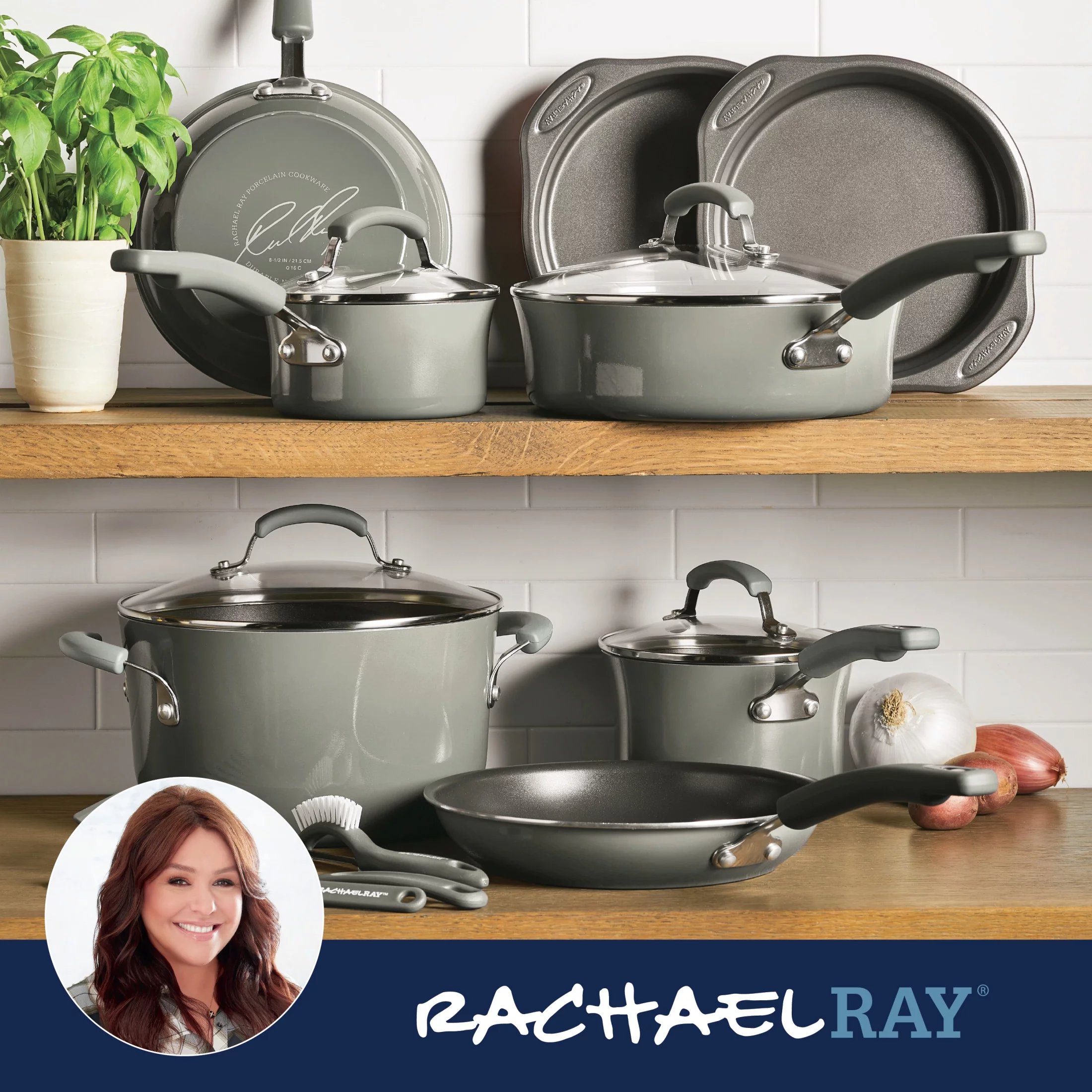 Rachael Ray 15 Piece Hard Enamel Nonstick Pots and Pans Set, Gray