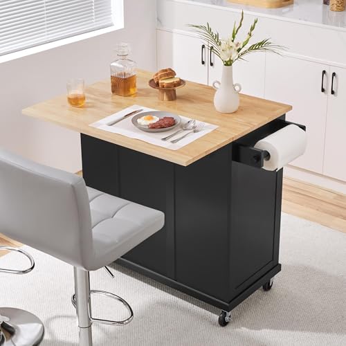 Yaheetech Rolling Kitchen Island Cart with Drop Leaf, Portable Rubberwood Breakfast Bar with Storage Cabinet, Open Shelves & Detachable Towel