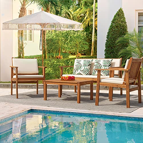 Flamaker Patio Chairs 3 Piece Acacia Wood Patio Furniture with Coffee Table & Cushions Outdoor Conversation Set Balcony Chairs for Porch, Deck