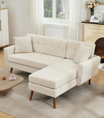 Tbfit L Shaped Couch Sofa, 80" W Mid-Century Modern Sectional Couches, 3 Seater Sofas with Wide Chaise Lounge & Two Pillows