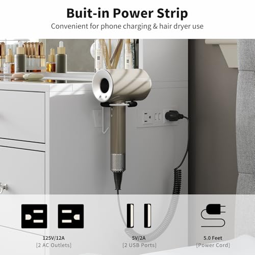 Vanity Desk & Power Outlet, Makeup Vanity with Mirror and 10 LED Lights, 3 Lighting Modes Brightness Adjustable