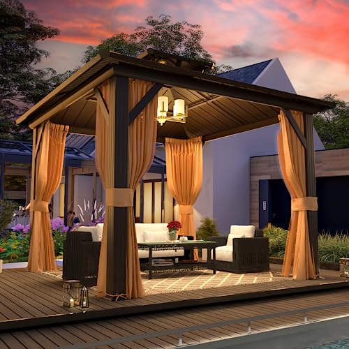 MELLCOM 10'x13' Hardtop Gazebo with Polycarbonate Double Roof, Aluminum Frame Outdoor Gazebo Permanent Pavilion with Curtains and Netting for Patio