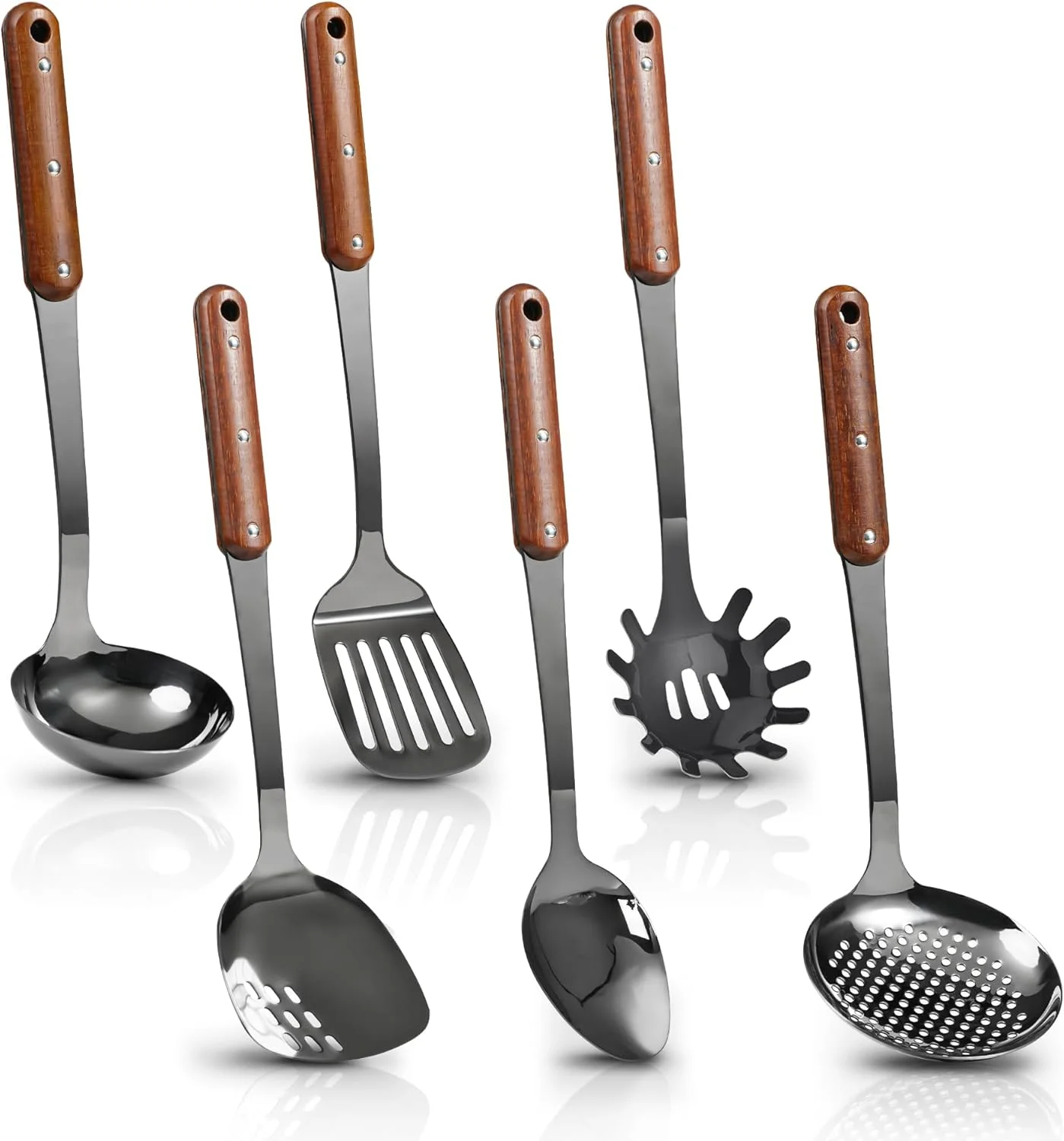 Stainless Steel Cooking Utensils Set, Mirror Polished 6 Pieces Kitchen Utensils Set, Kitchen Tools Set With Wooden Handle Non-Stick Heat Resistant