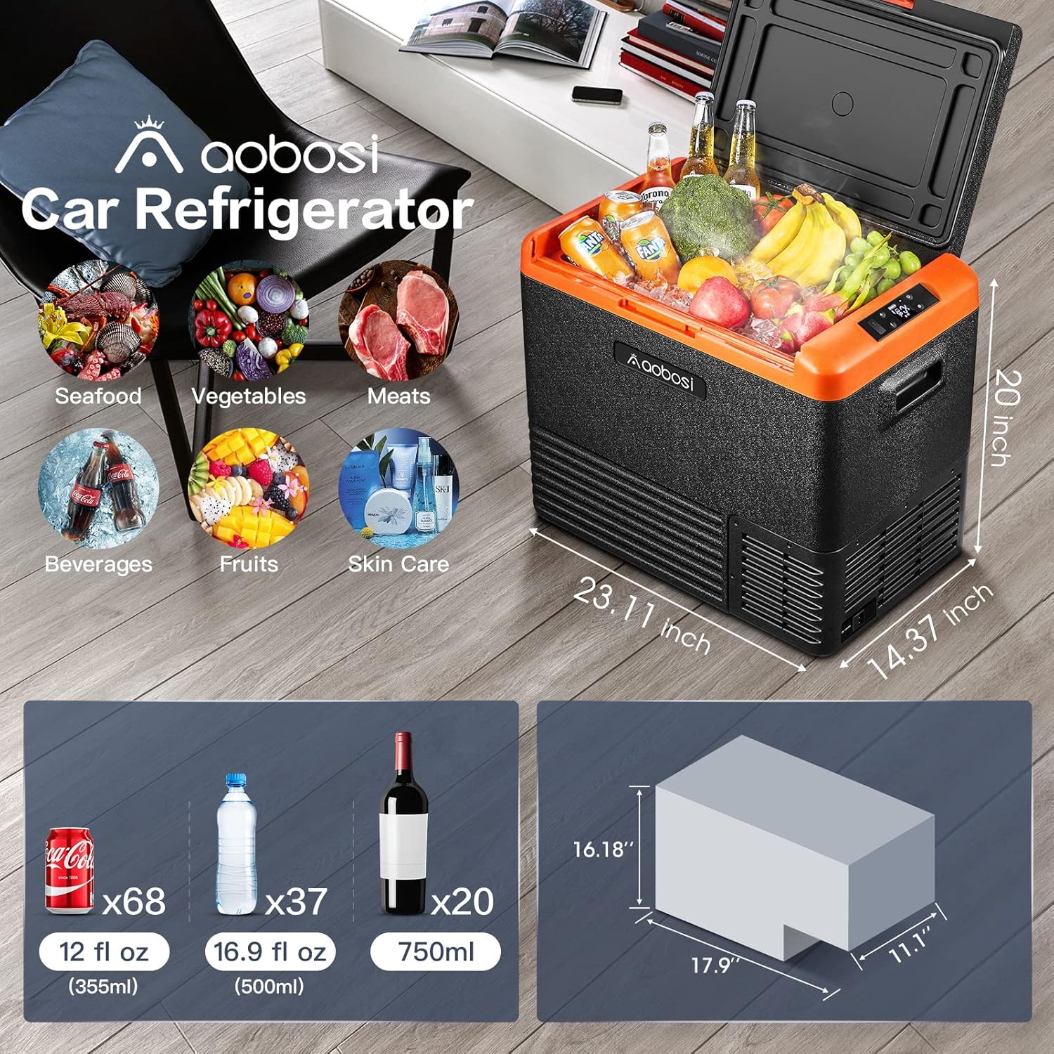AAOBOSI 12 Volt Car Refrigerator 53 Quart (50L) RV Portable Refrigerator Freezer APP Control Car Fridge Cooler -4℉-68℉ Electric Compressor Cooler