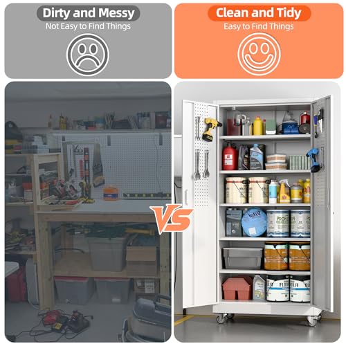71" Metal Storage Cabinet with Wheels and Pegboard, Lockable Rolling Steel Storage Cabinet with 5 Adjustable Shelves and Door for Garage, Office