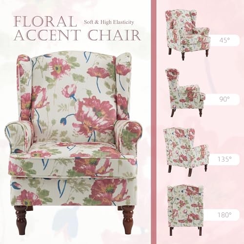 MELLCOM Floral Accent Chair, High Back Upholstered Armchair with Solid Legs, Leisure Single Sofa Chair for Living Room, Bedroom, Home Office