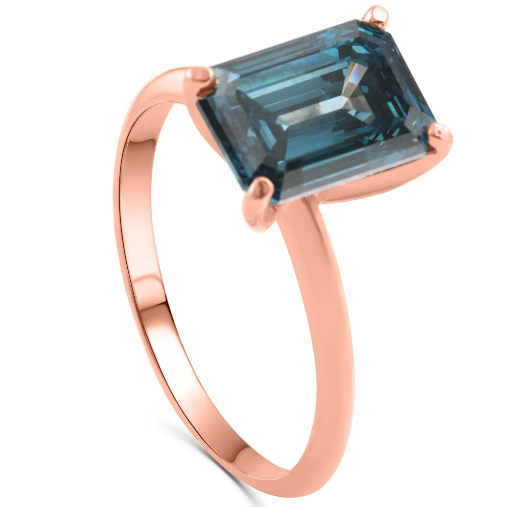 Pompeii3 3Ct Blue Diamond Emerald Cut Solitaire Engagement 14k Ring Rose Gold Lab Grown