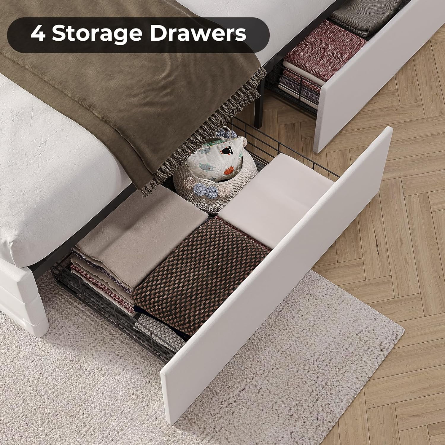 King Bed Frame with Storage Drawers, Platform Bed Frame with LED Lights and USB Port,Leather Upholstered Headboard,Wooden Slats,White