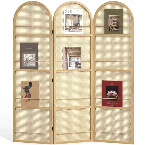 Room Divider and Folding Privacy Screens, Pine Wood 5.6 Ft Double Hinged Rattan Partition Freestanding Wall Room Divider for Home - 3 Panels