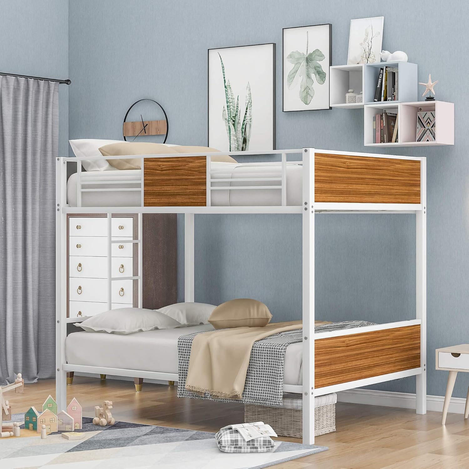 kupet Twin-Over-Twin/King Bunk Bed with Trundle, Bunkbed with Staircase & One Drawer & Two Open Shelves for Kids Bedroom, White
