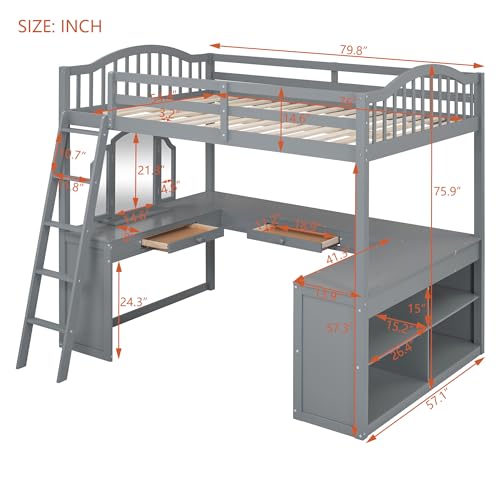 Harper & Bright Designs Full Size Loft Bed with Desk, Storage Shelves and Drawers, Solid Wood Loft Bed Frame with Built-in Wardrobe, Walnut