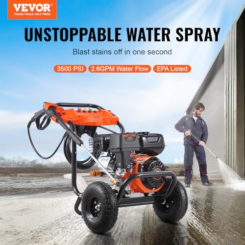 VEVOR Gas Powered Pressure Washer 3400 PSI 2.6 GPM, with Spray Gun and Extension Wand, 5 Quick Connect Nozzles, Copper Pump