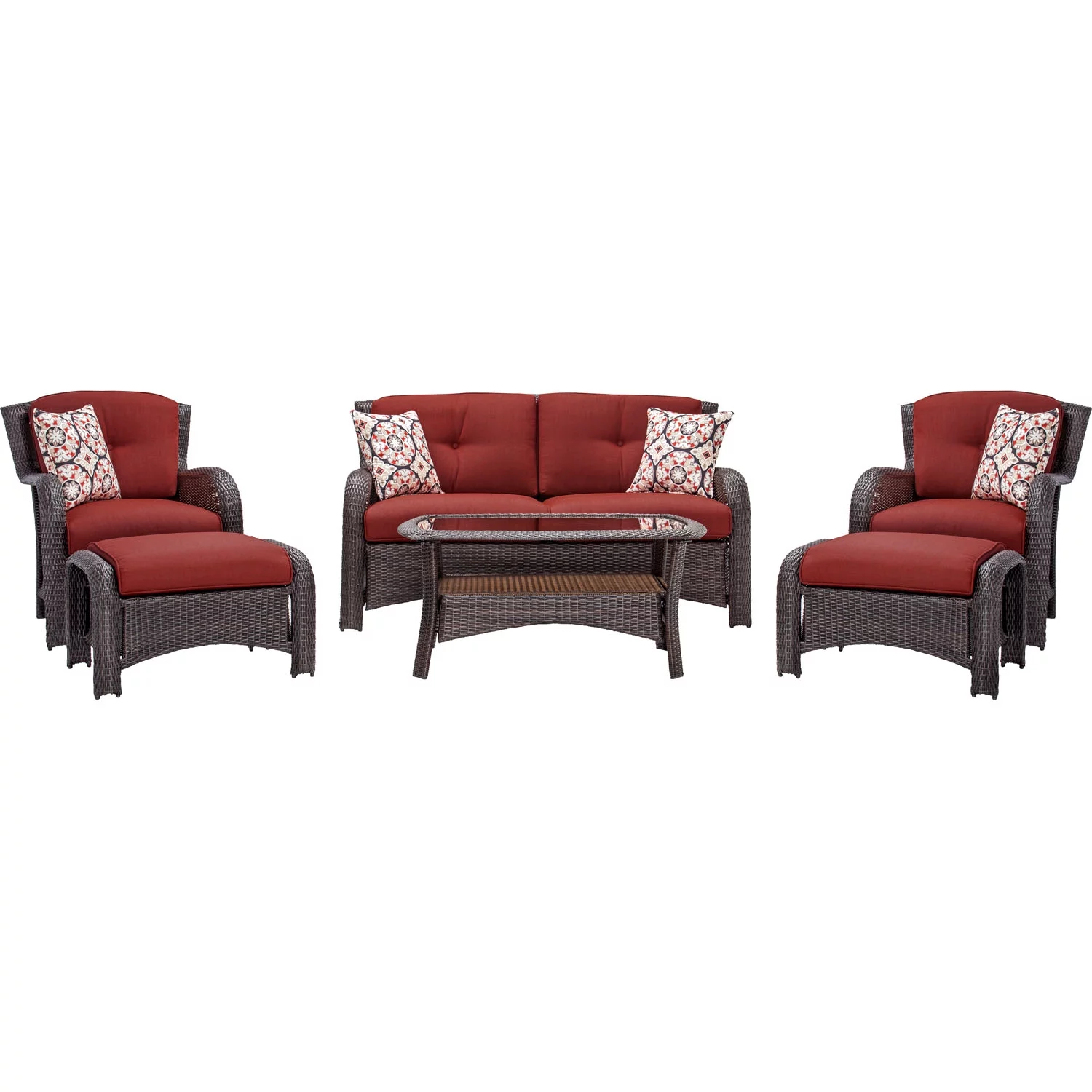 Hanover Strathmere 6-Piece Wicker Outdoor Conversation Set, Crimson Red
