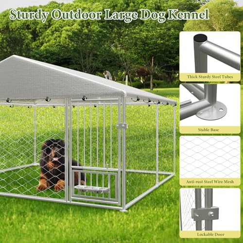 10X10FT Outdoor Large Dog Kennel, Heavy Duty Dog Cage for Large Dogs, Durable Dog House Enclosure with Roof and Rotating Feeder Bowls