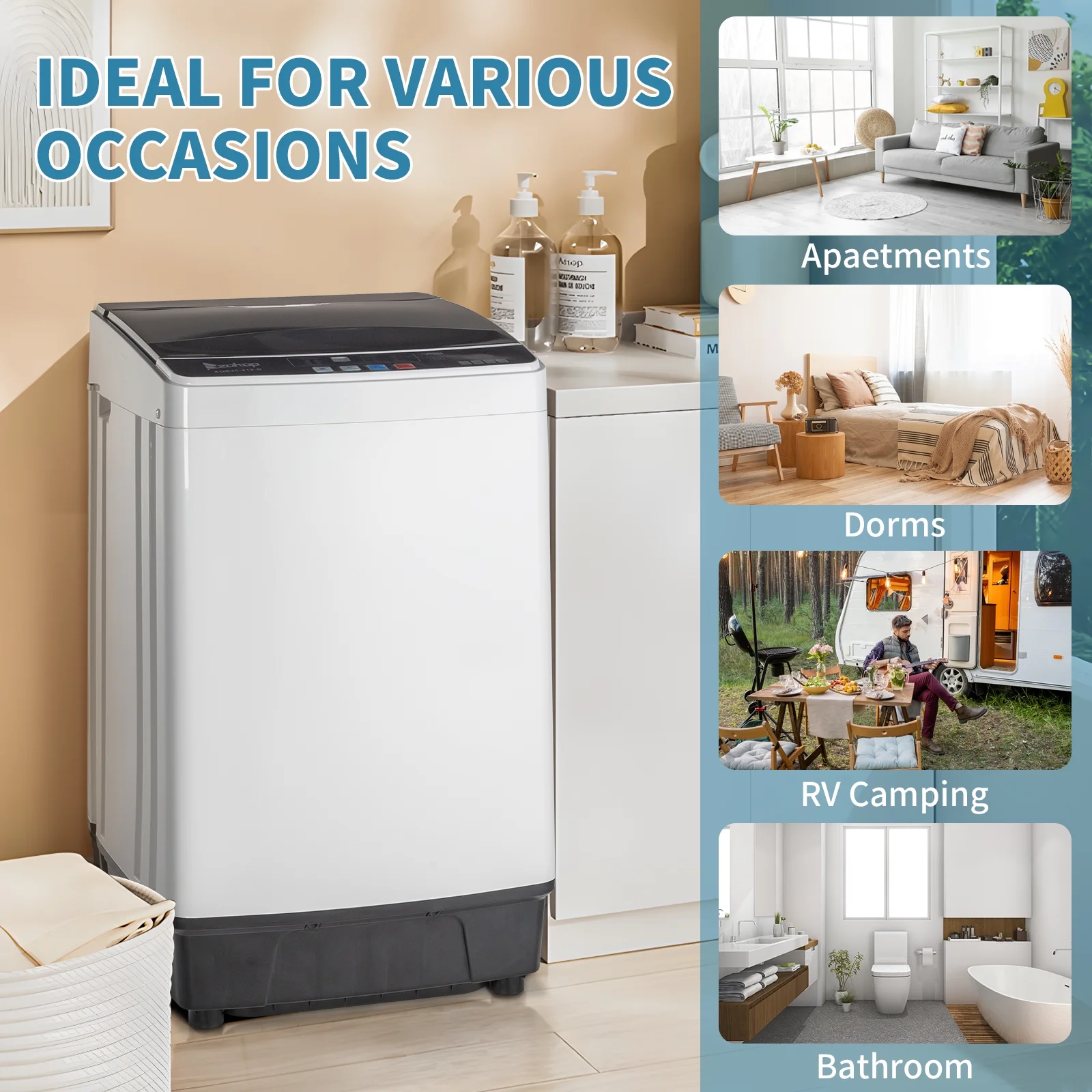Full-Automatic Washing Machine Top Load Portable Compact Laundry Washer Spin with Drain Pump