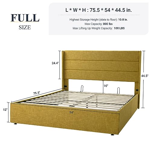 Allewie Full Size Lift Up Storage Bed, Modern Wingback Headboard, Hydraulic Support, No Box Spring Needed, Light Beige