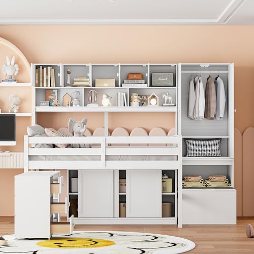 Harper & Bright Designs Full Size Loft Bed with Wardrobe, Wooden Full Loft Bed Frame Big Storage with Under-Bed Desk, Drawers and Shelves, Gray