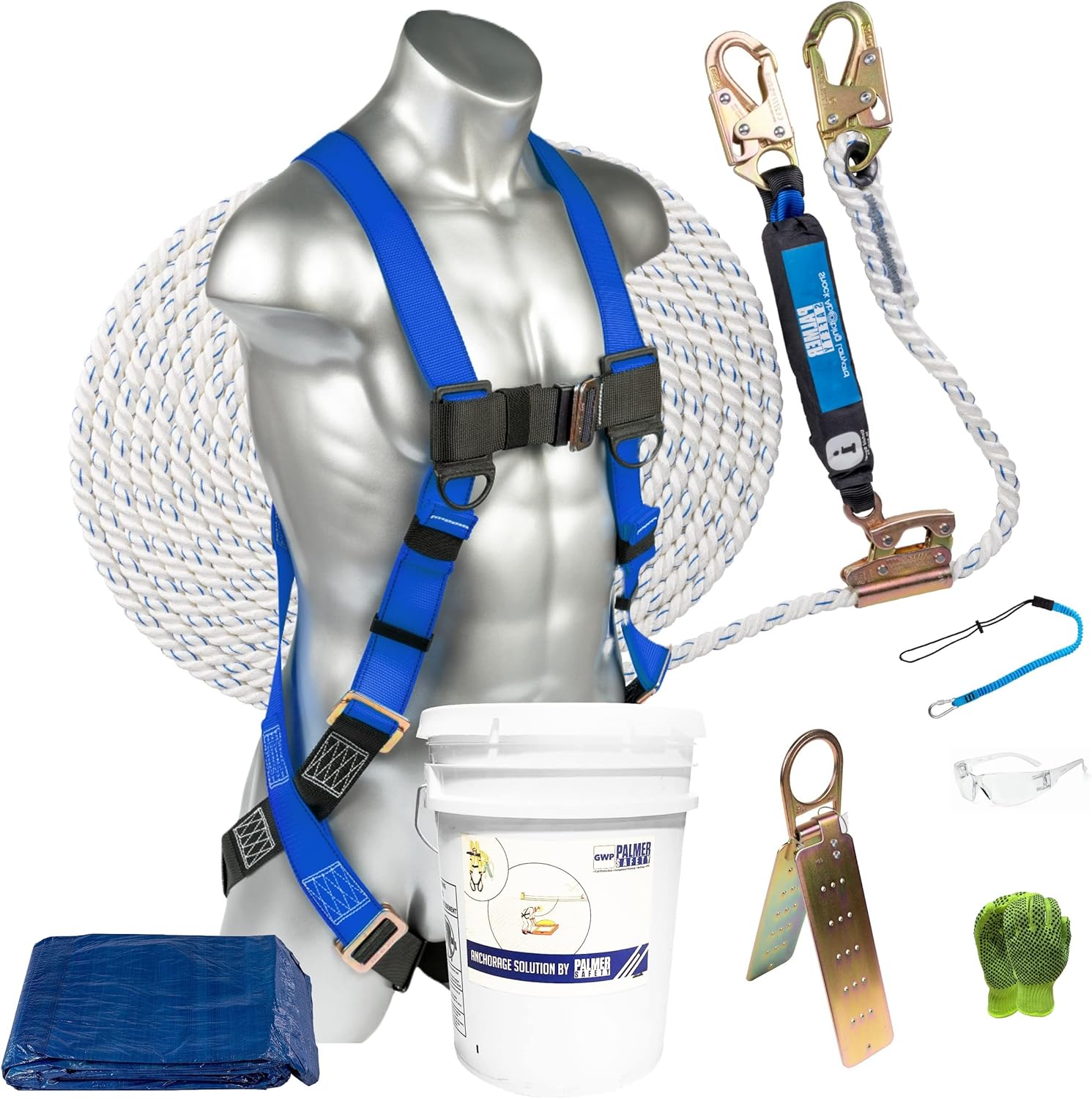 Palmer Safety Fall Protection Roofing Bucket Kit I Full-Body Harness, 50' Vertical Rope & Anchor Set