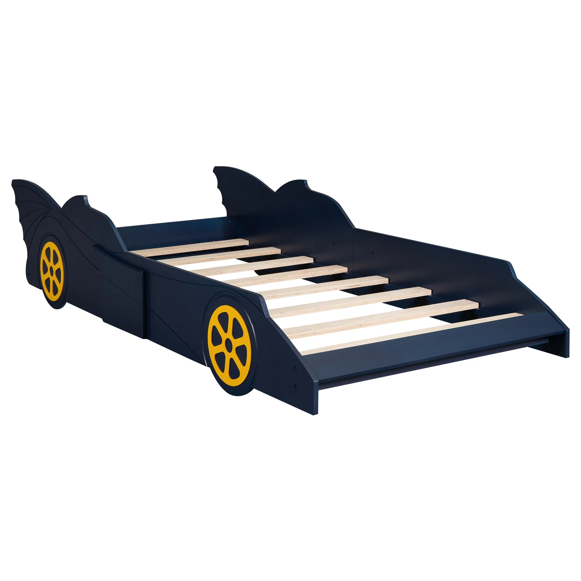 iRerts Race Car Shaped Twin Bed Frame, Wood Twin Platform Bed Frame for Kids Toddlers, Children Twin Size Platform Bed with Wheels, Wooden Slats