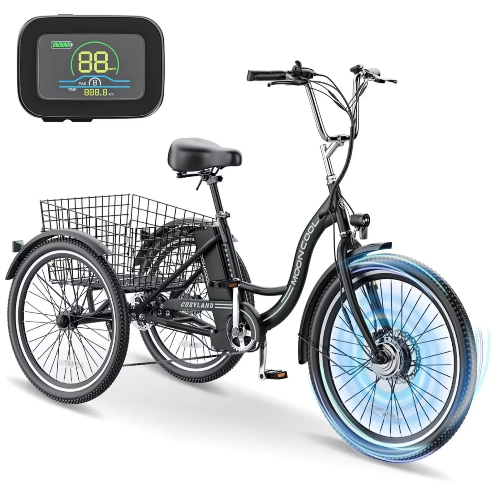 MOPHOTO 26" 350W 36V 7 Speeds Electric Tricycle for Adult, Electric Trike with Basket , 3 Wheel Electric Bikes with Led Headlight