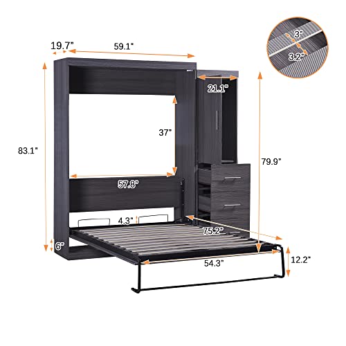 Full Size Murphy Bed with 2 Convertible Side Cabinet Storage Shelf, Foldable Wallbed Bedframe